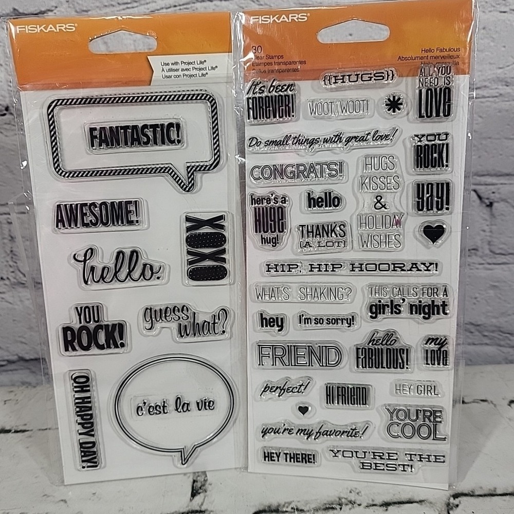 Fiskars Clear Cling Stamps Lot Of 2 Packs - Hello Fabulous - Say What? Words New